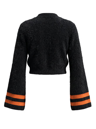Pull court orange duveteux à visage de citrouille Halloween années 1970 - 2