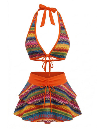 Ensemble Bikini Bohème Asymétrique & Cache-Maillot Orange Années 1980