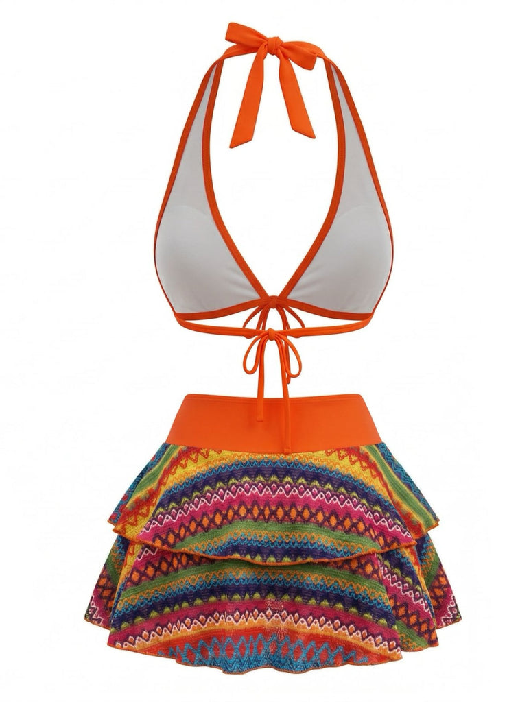 Ensemble Bikini Bohème Asymétrique & Cache-Maillot Orange Années 1980