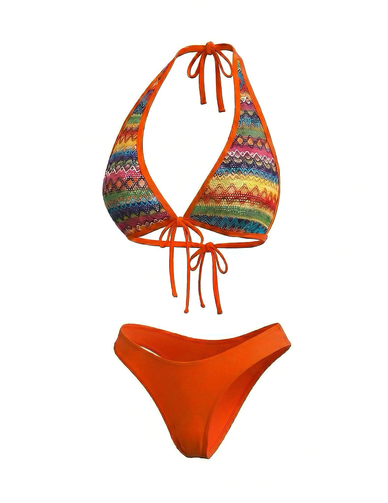 Ensemble Bikini Bohème Asymétrique & Cache-Maillot Orange Années 1980