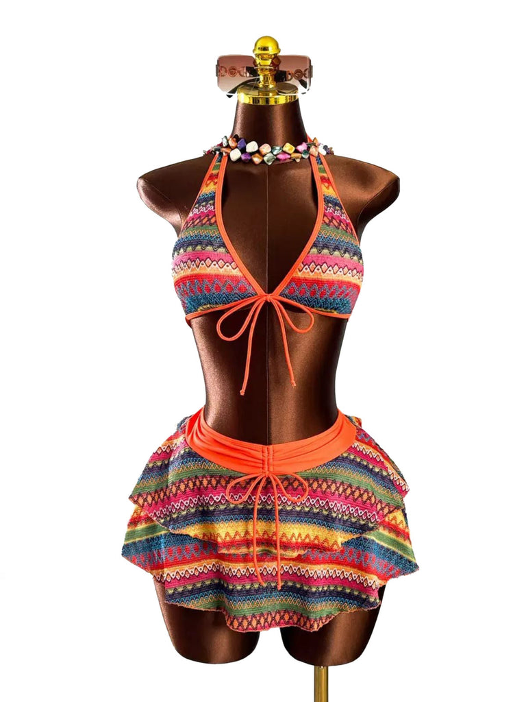 Ensemble Bikini Bohème Asymétrique & Cache-Maillot Orange Années 1980