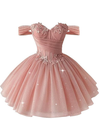 [Prévente] Florale Épaules Dénudées Pailleté Tulle Bal Robe Rose Années 1950