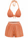 Orange and white striped bikini set on a white background