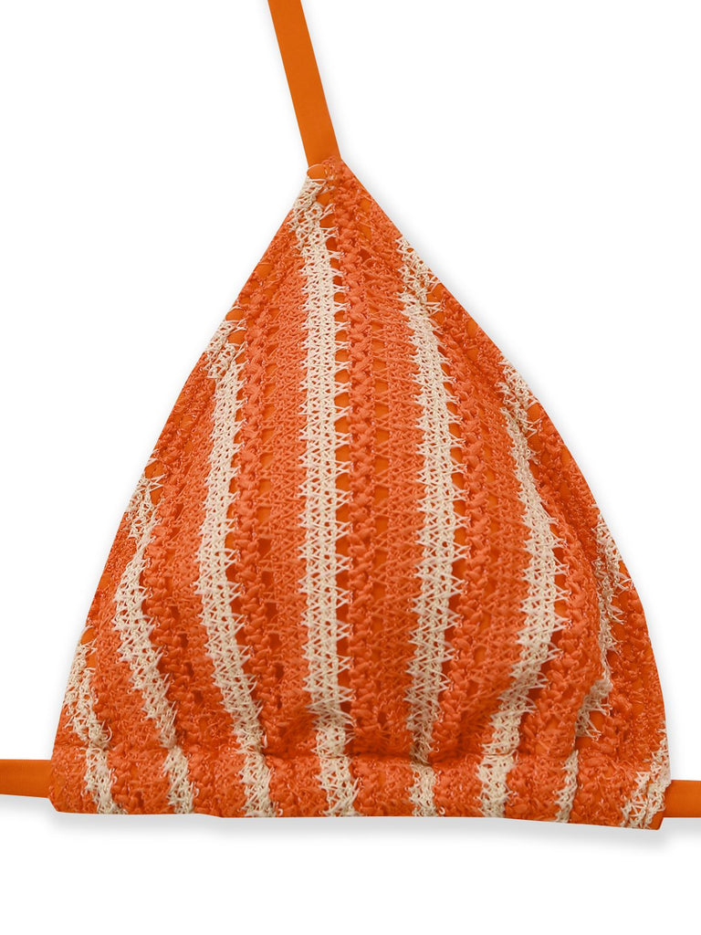 Orange bikini top with white stripes on a white background