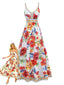 Robe longue multicolore sans manches motif floral et col V années 70