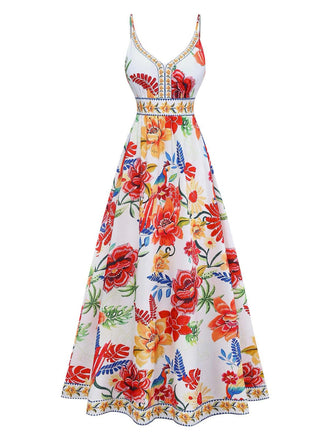 Robe Maxi Sans Manches Col V Floral Multicolore Années 70