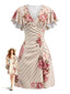 Robe Col V à Manches Volantées Floral Rayé Années 60