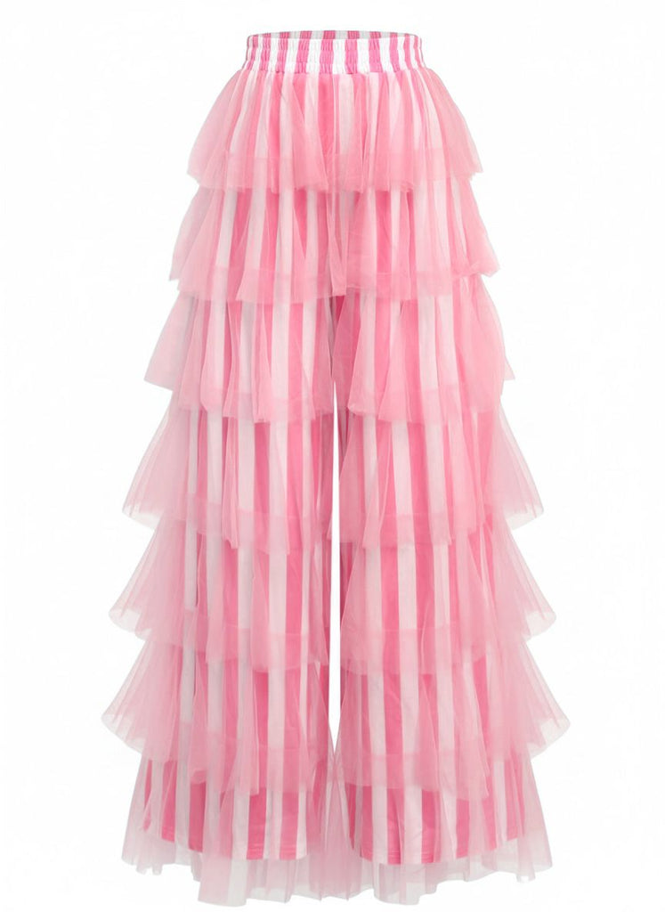 Pantalon à rayures verticales en maille et à volants étagés années 1970