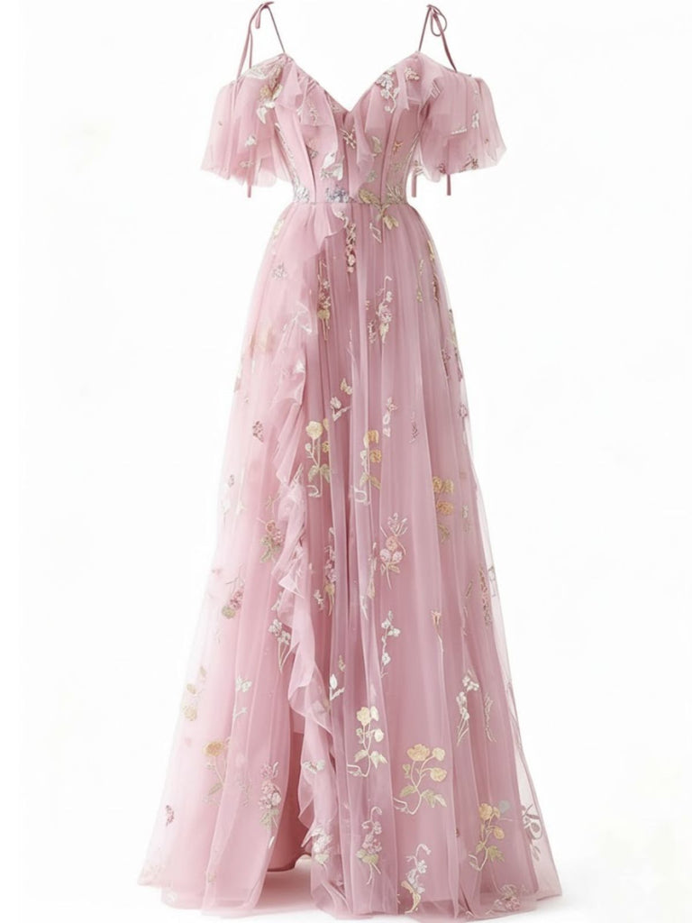 Robe fendue en tulle brodé de fleurs années 1970