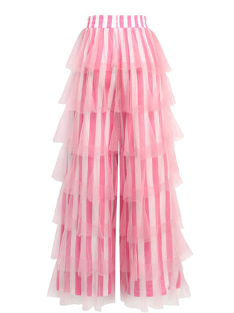 Pantalon à rayures verticales en maille et à volants étagés années 1970