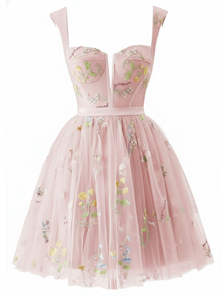Robe courte verte dentelle florale brodée années 1970