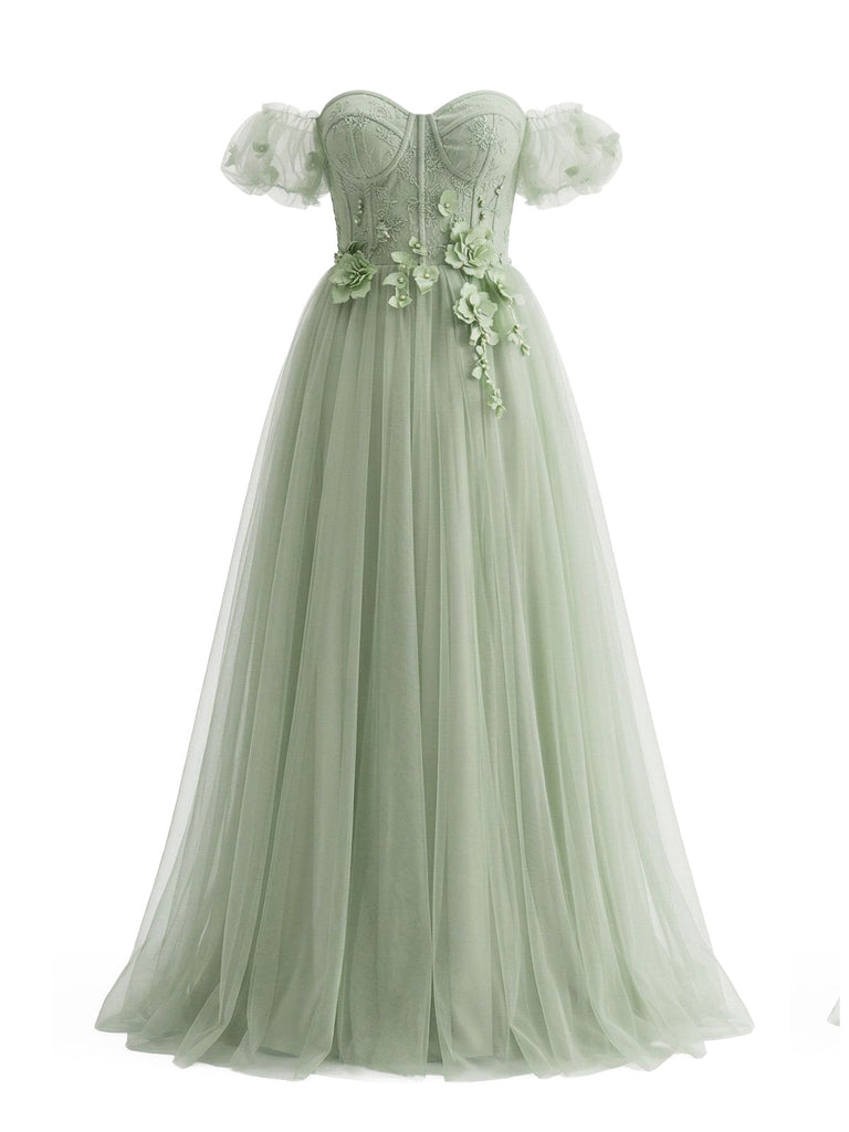 Robe Évasée Épaules Dénudées en Maille Florale Vert Pâle Années 1930