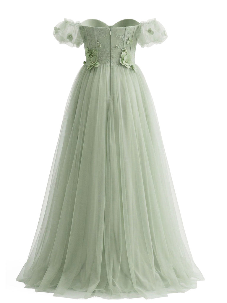 Robe Évasée Épaules Dénudées en Maille Florale Vert Pâle Années 1930 3
