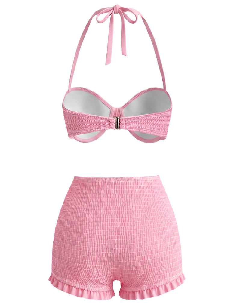 [Prévente] Ensemble Bikini Dos-Nu Smocké & Haut Cache-Maillot Fraise Rose Années 1950 6