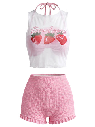 [Prévente] Ensemble Bikini Dos-Nu Smocké & Haut Cache-Maillot Fraise Rose Années 1950