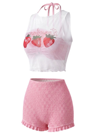 [Prévente] Ensemble Bikini Dos-Nu Smocké & Haut Cache-Maillot Fraise Rose Années 1950 2