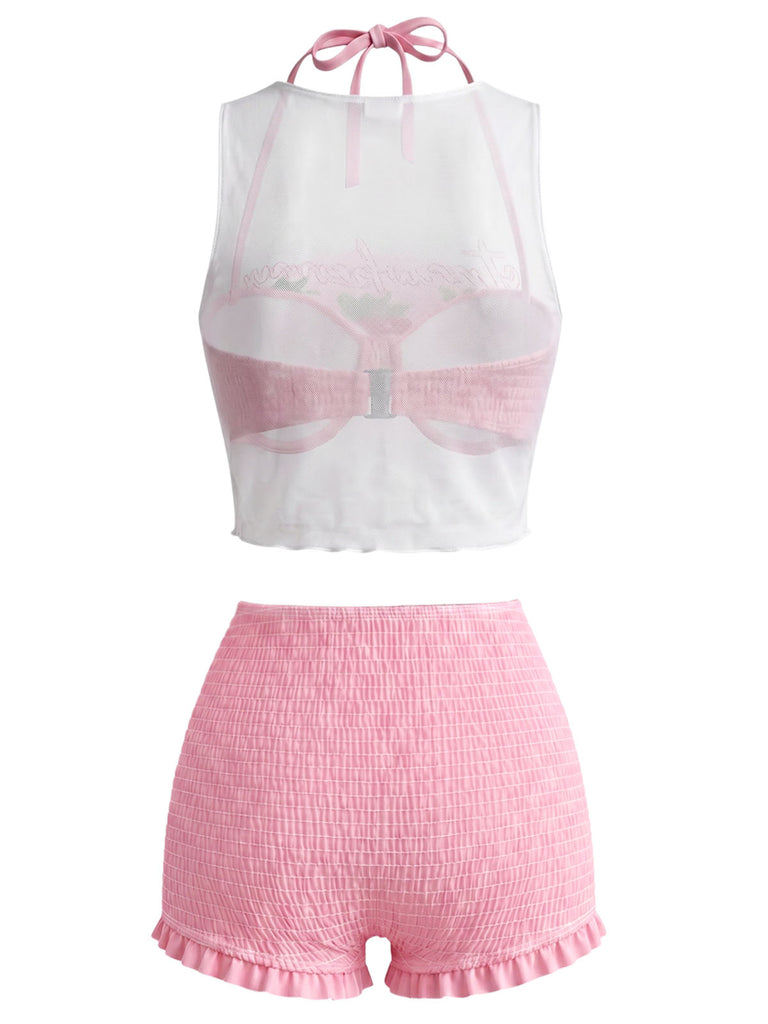 [Prévente] Ensemble Bikini Dos-Nu Smocké & Haut Cache-Maillot Fraise Rose Années 1950 3