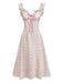 Pastel plaid swing dress with ruffled bow details and sweetheart neckline for 1950s vintage styling