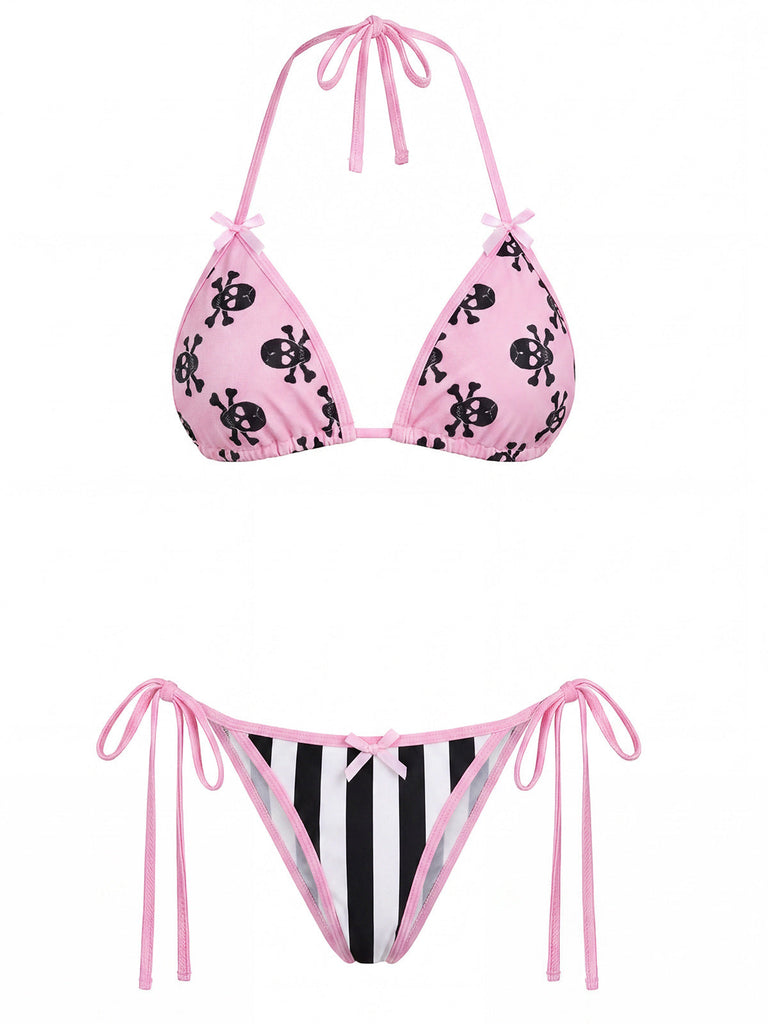 [Prévente] Gothique Crâne Imprimé Rayée Ensemble Bikini Rose Années 1980 2