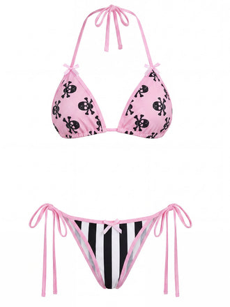 [Prévente] Gothique Crâne Imprimé Rayée Ensemble Bikini Rose Années 1980 2
