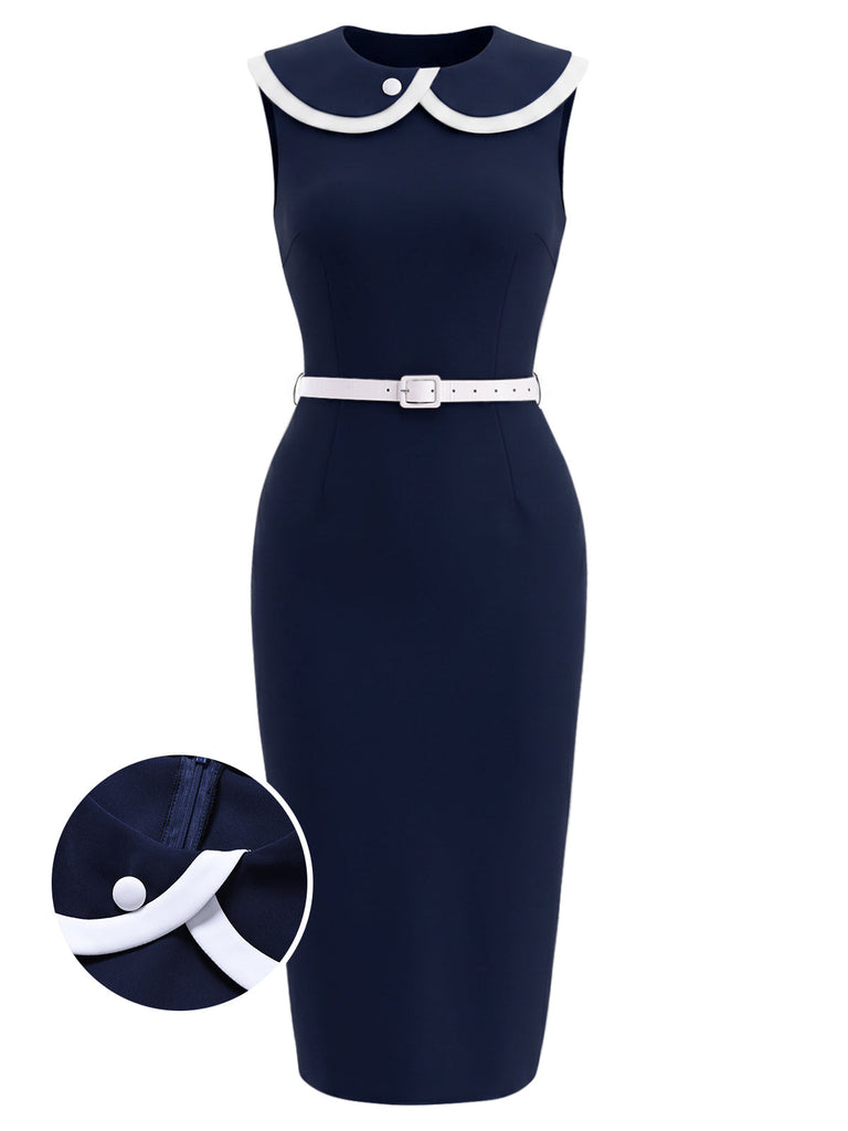 [Prévente] Robe Crayon Sans Manches à Revers Bleu Profond Années 60