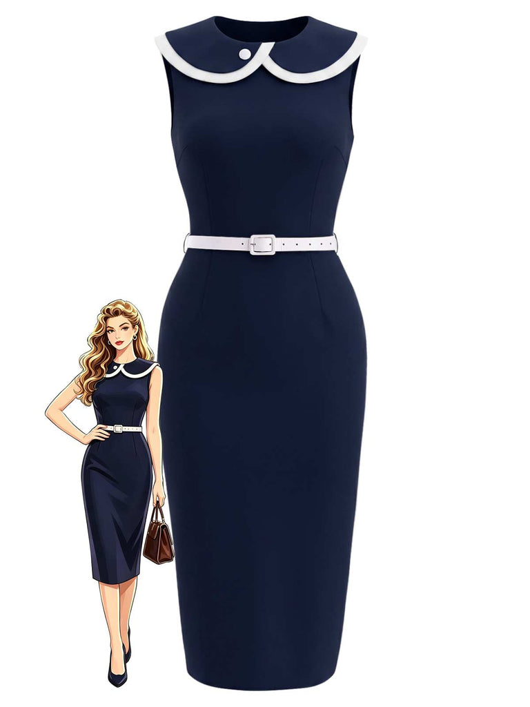[Prévente] Robe Crayon Sans Manches à Revers Bleu Profond Années 60