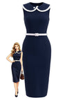 [Prévente] Robe Crayon Sans Manches à Revers Bleu Profond Années 60