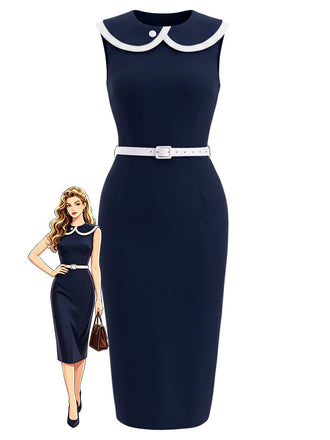 [Prévente] Robe Crayon Sans Manches à Revers Bleu Profond Années 60