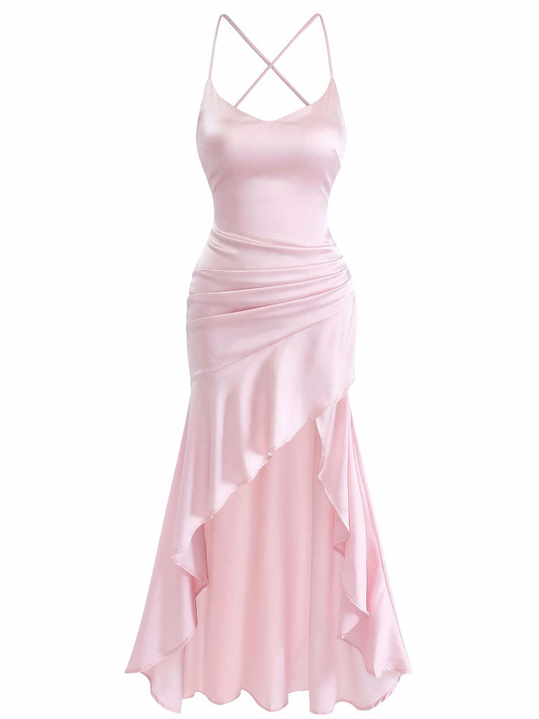 Robe Longue Satin Bretelles Fines à Volants Dos Nu Années 1930 2