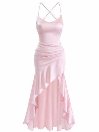 Robe Longue Satin Bretelles Fines à Volants Dos Nu Années 1930 2