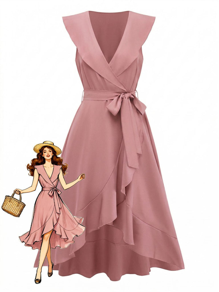 Col V Uni à Volants Ourlet Tie-Up Robe Années 1930