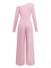 Pink jumpsuit with pearl embellishments on a white background