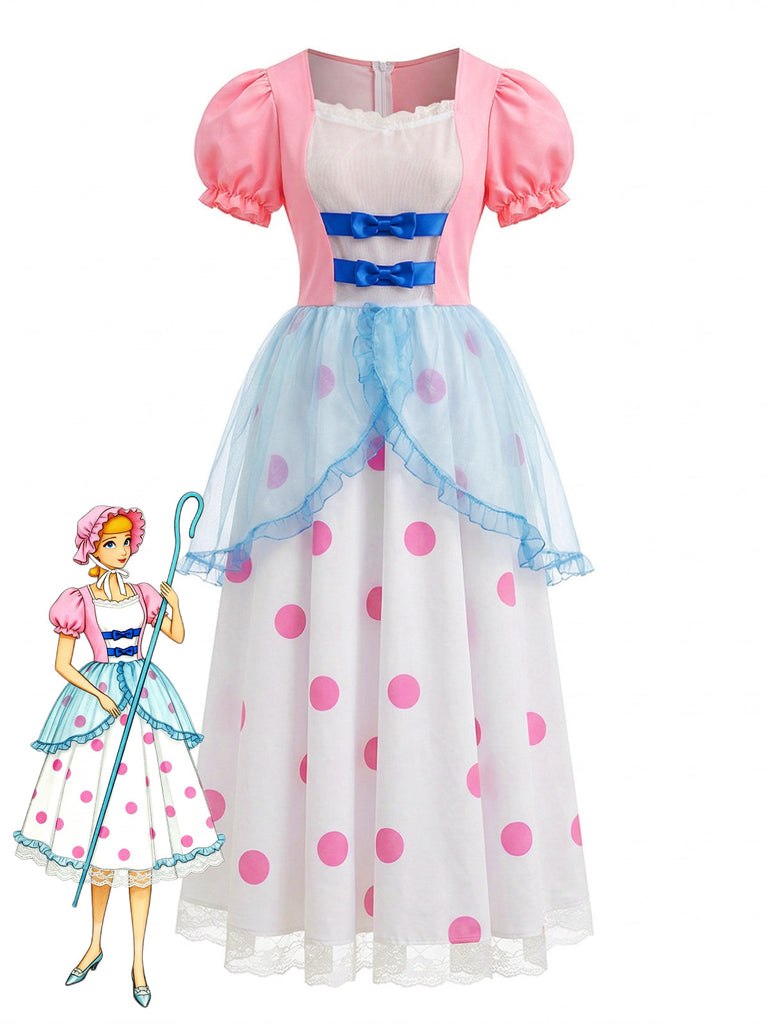 Robe à Pois Manches Bouffantes Cosplay Bo Peep Rose Années 1940