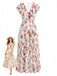 Robe Col V à Manches Volantées Imprimé Tulipe Rose Années 40