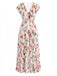 Robe Col V à Manches Volantées Imprimé Tulipe Rose Années 40