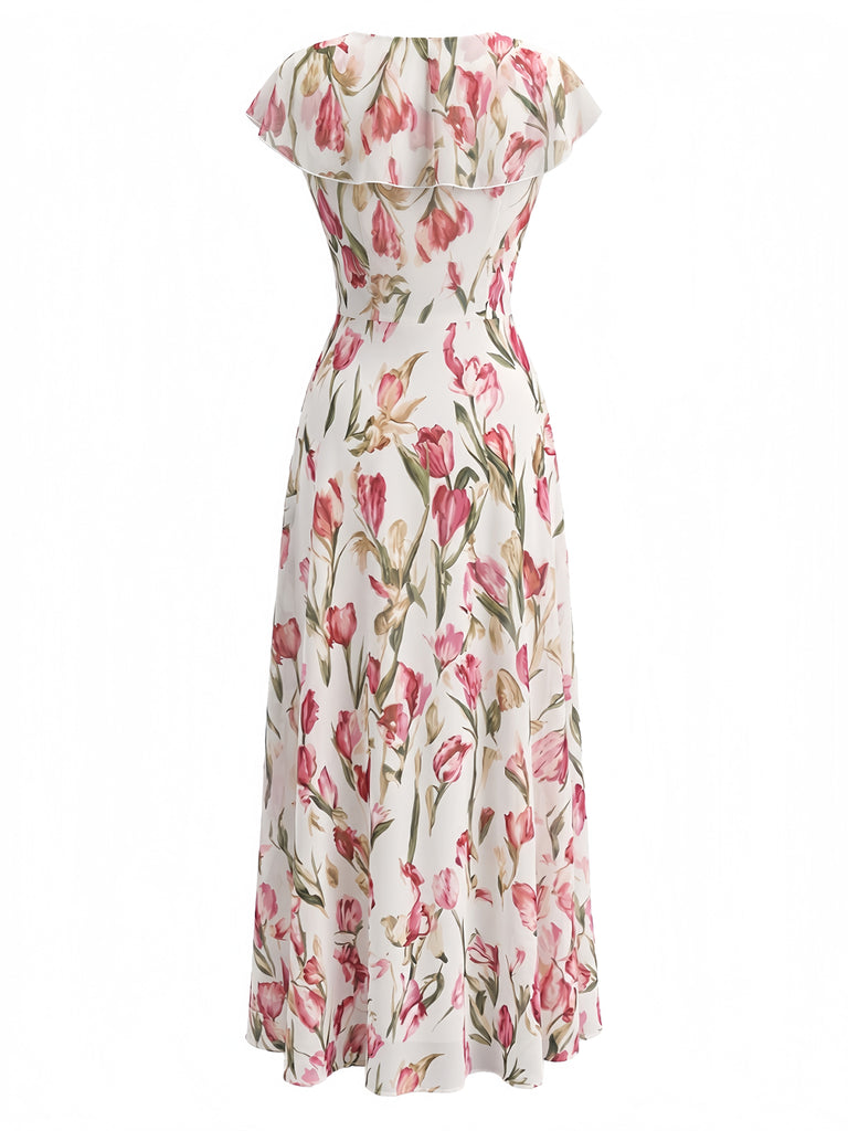 Robe Col V à Manches Volantées Imprimé Tulipe Rose Années 40