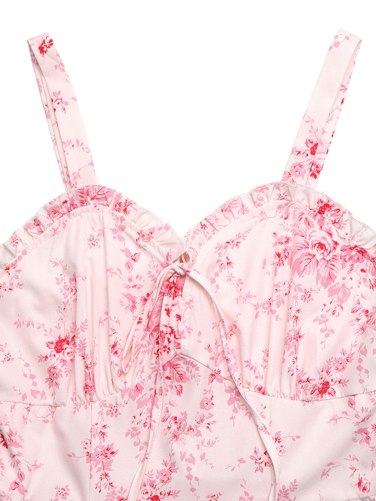 Robe Trapèze Florale Col en V Manches Longues avec Ceinture années '40 5