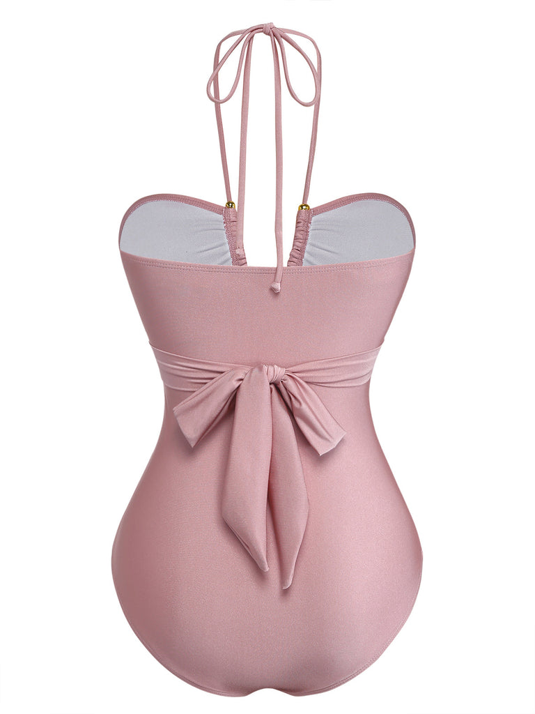 Rose Maillot de Bain Dos Nu à Anneau Métal Croisé années '40 3