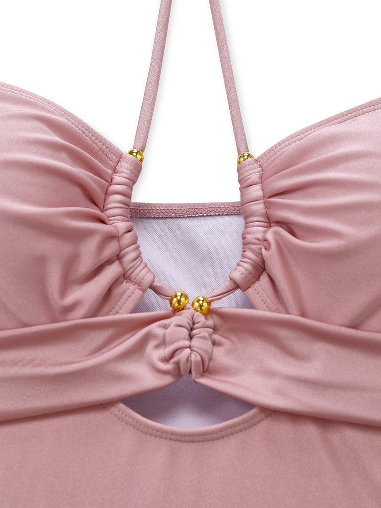 Rose Maillot de Bain Dos Nu à Anneau Métal Croisé années '40 4