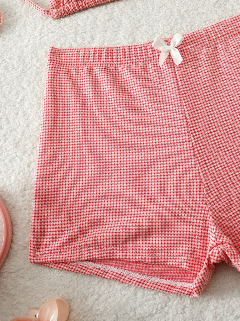 Ensemble Bikini Taille Haute à Carreaux avec Nœud Rose Années 50