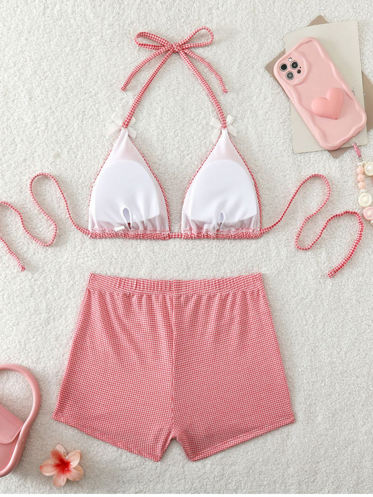 Ensemble Bikini Taille Haute à Carreaux avec Nœud Rose Années 50