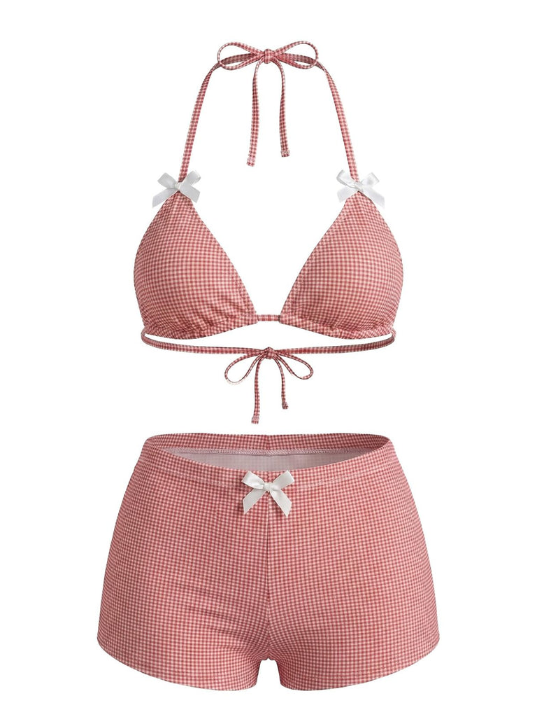 Ensemble Bikini Taille Haute à Carreaux avec Nœud Rose Années 50