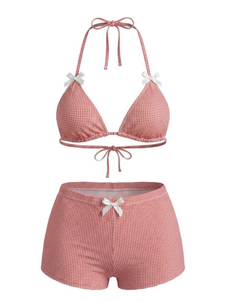 Ensemble Bikini Taille Haute à Carreaux avec Nœud Rose Années 50