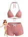 Ensemble Bikini Taille Haute à Carreaux avec Nœud Rose Années 50