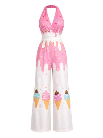 [Prévente] Dos-Nu Glace Crème Imprimée Combinaison Rose Années 1950