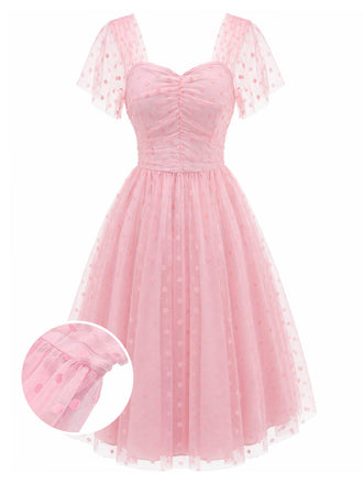 [Prévente] Robe à Pois Filet Col Cœur Rose Années 1950
