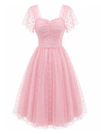 [Prévente] Robe à Pois Filet Col Cœur Rose Années 1950 2