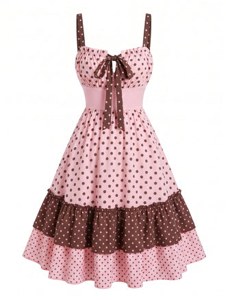 [Prévente] Robe à Volants Étagés à Bretelles et Pois Rose Années 50
