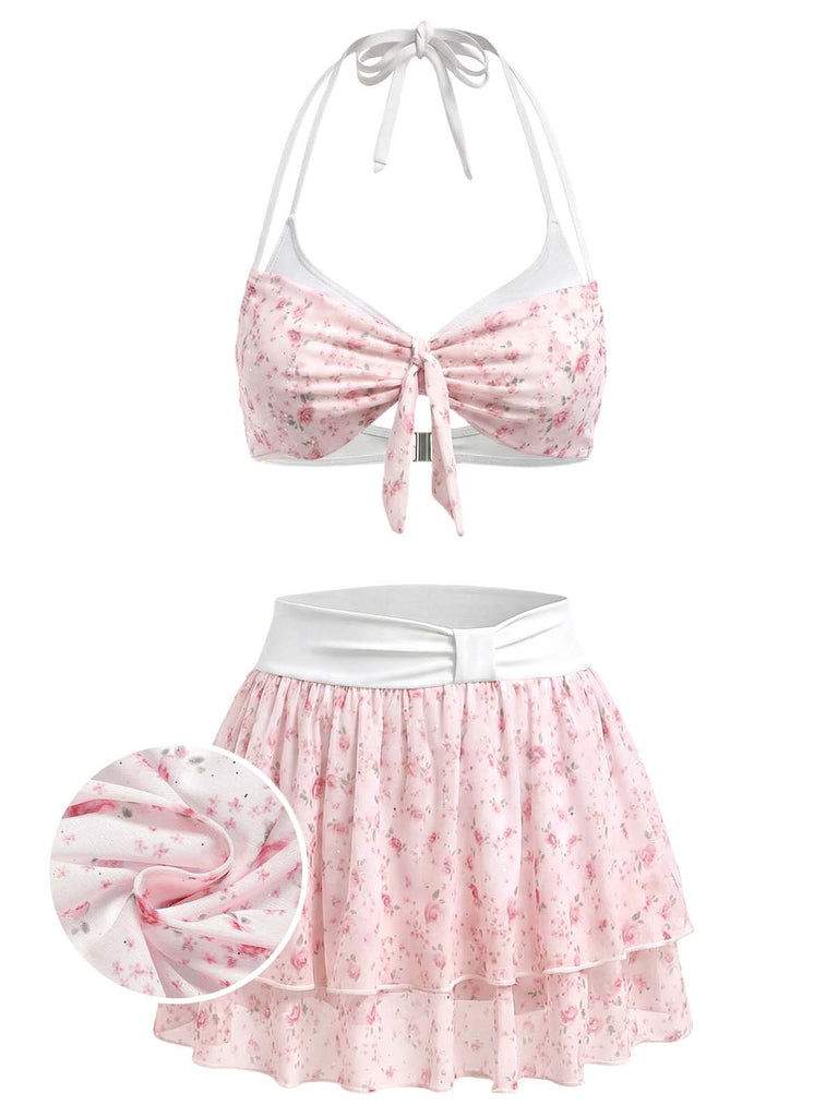 [Prévente] Ensemble Bikini en Mousseline Dos-Nu à Volants Petites Fleurs Rose Années 1950