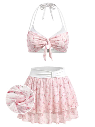 [Prévente] Ensemble Bikini en Mousseline Dos-Nu à Volants Petites Fleurs Rose Années 1950